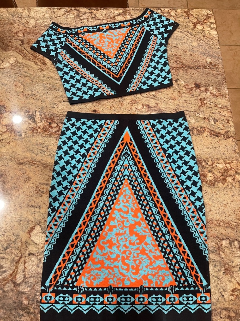 Turquoise and Orange Patterned Knit Skirt - Women's S:L